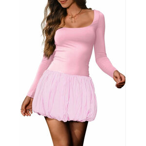 NEW Elegant Long Sleeve Scoop Neck Puff Bubble Mini Cocktail Dress L